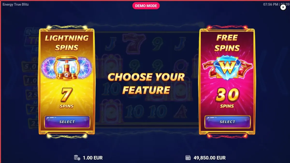 Tampilan layar permainan slot Energy True Blitz pada perangkat seluler dengan tema neon elektrik.